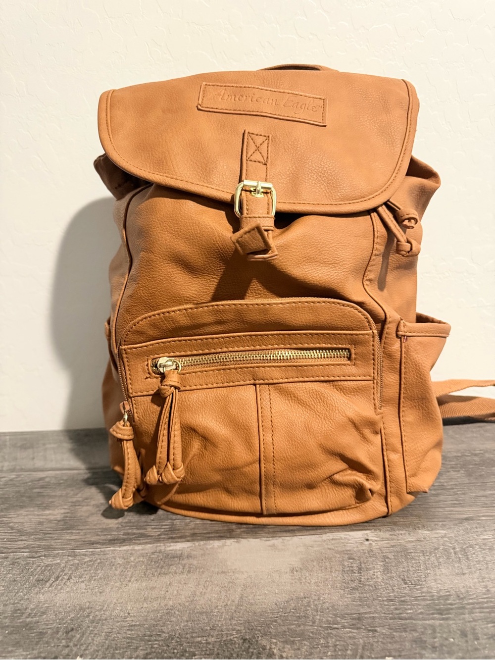 American Eagle Outfitters Tan Faux-Leather Backpack with Gold Hardware